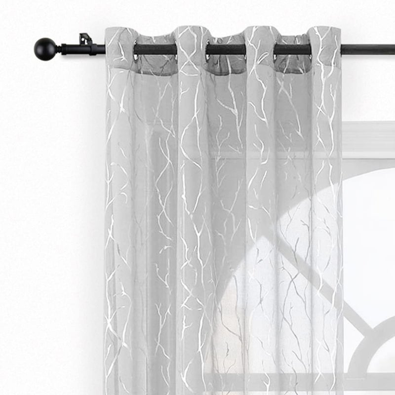Kotile Silver Sheer Curtains with Tree Pattern - Metallic Silver Branch Artistic Design Grommet Sheer Curtains 84 Inch Long Light Filter Privacy Voile Drapes, 52 x 84 Inch, 2 Panels, Gray - Image 1